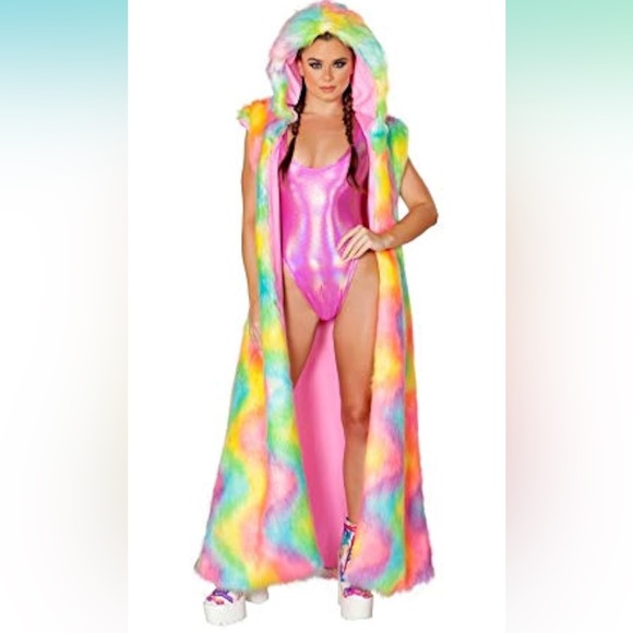 LONG Fur LED Glowing Light Up Coat Burning Man Rave Festival Rainbow Pastel EDC - Picture 3 of 16